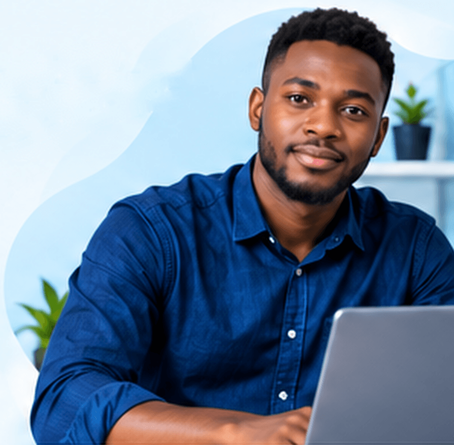A smiling learner working on a laptop